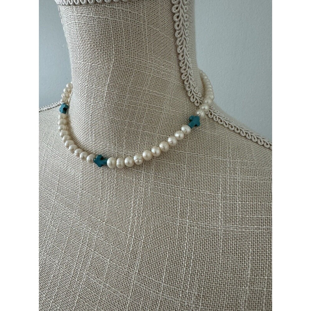 Handmade Freshwater‎ Pearl and Turquoise Dyed Magnesite Cross Necklace